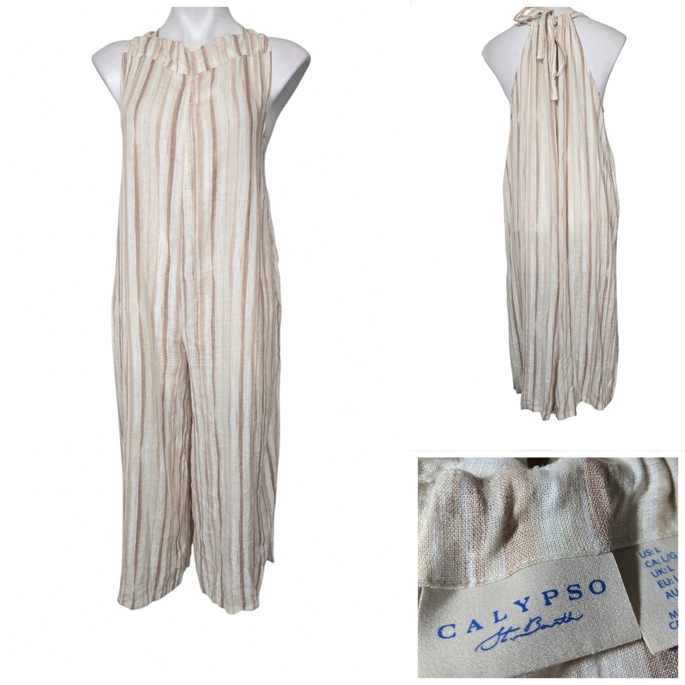 Calypso St Barth Linen Blend Striped Halter Wide Leg Jumpsuit Tan Large